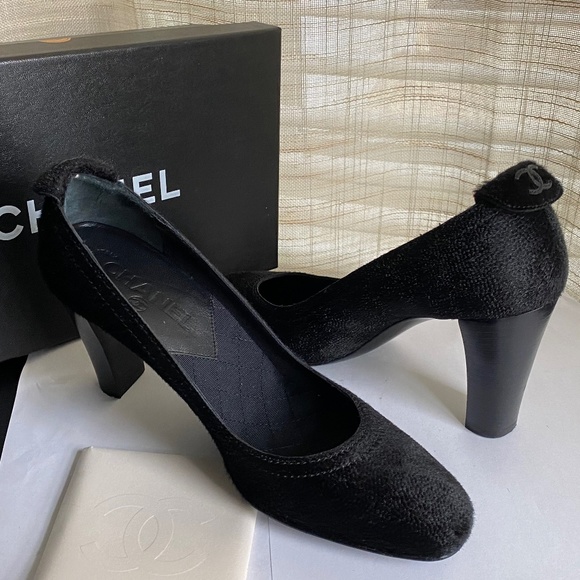 CHANEL BLACK FABRIC PUMPS CUTE CC LOGO HEELS mules leather slip on in slides - Picture 3 of 11